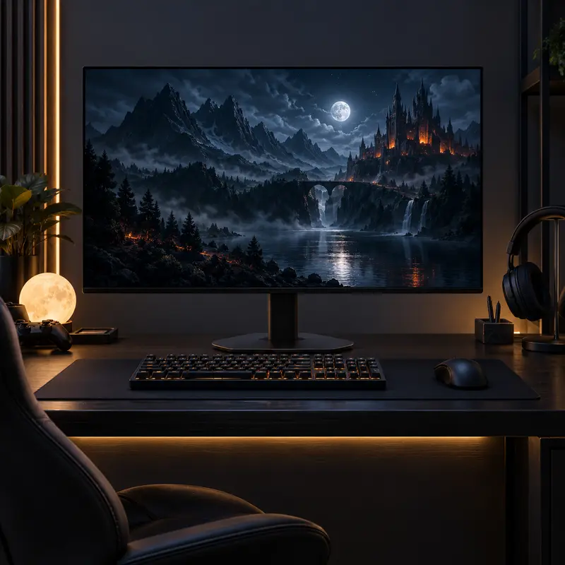 ASUS XG27ACDMSR: ilustración editorial de un monitor gamer