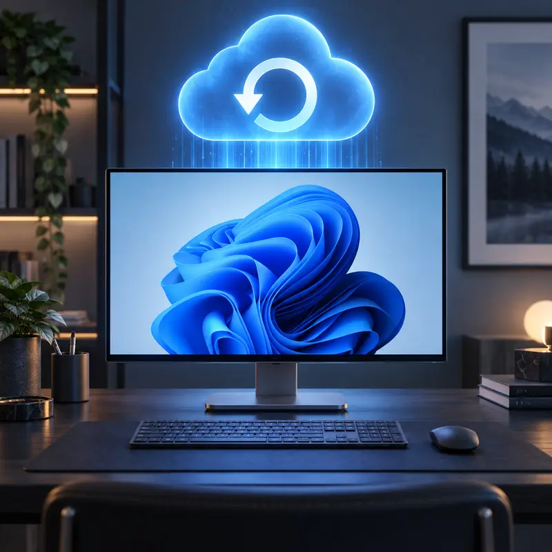 Cloud rebuild de Windows 11: ilustración de una PC con recuperación desde la nube