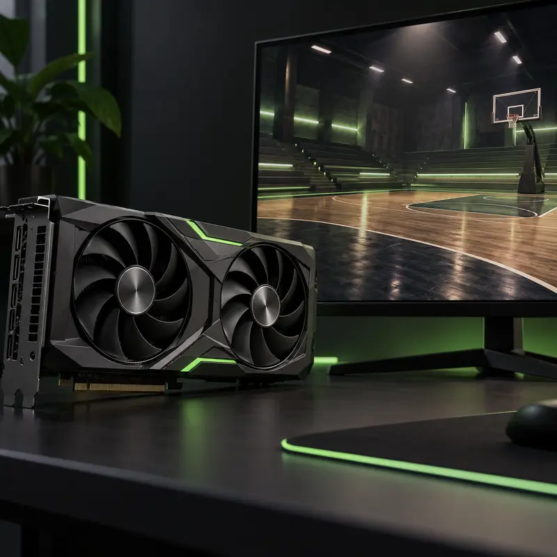 DLSS 5 en NBA 2K27: ilustración editorial de una GPU y una cancha de básquet