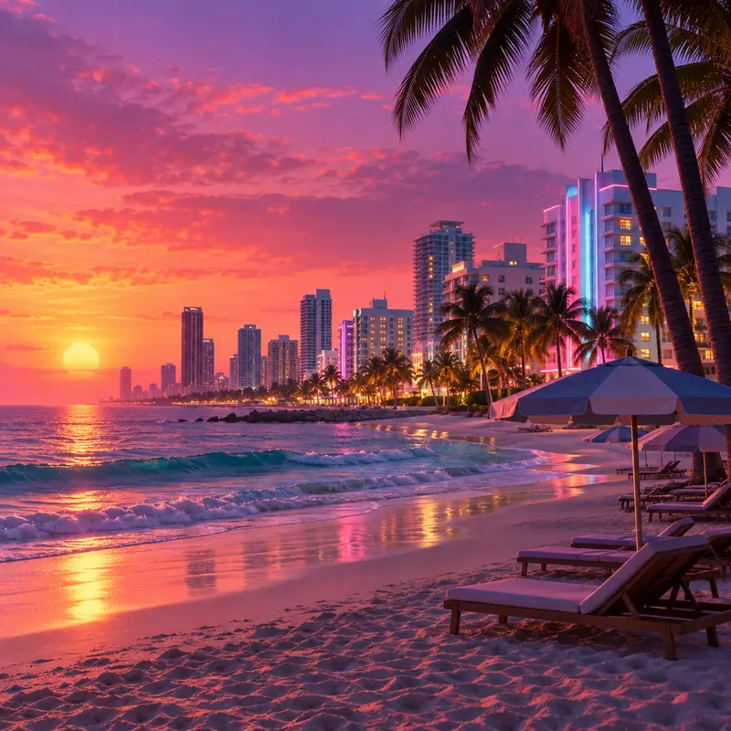GTA 6 en Miami Beach: ilustración editorial de una playa al atardecer