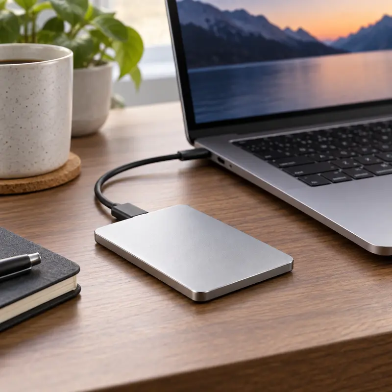 Lexar Muse: ilustración editorial de un SSD externo junto a una notebook