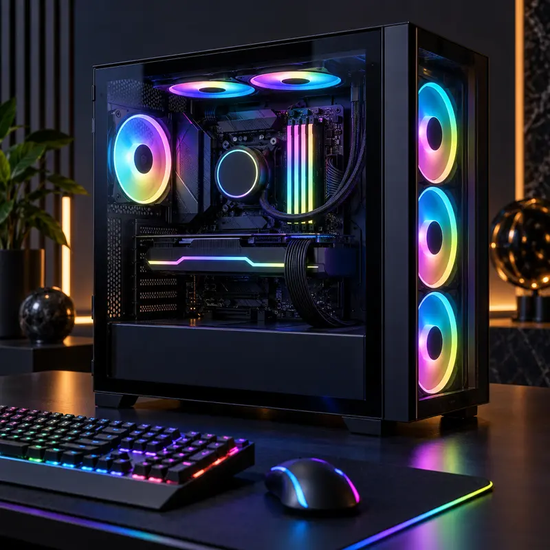 OpenRGB 1.0: ilustración editorial de una PC con iluminación RGB