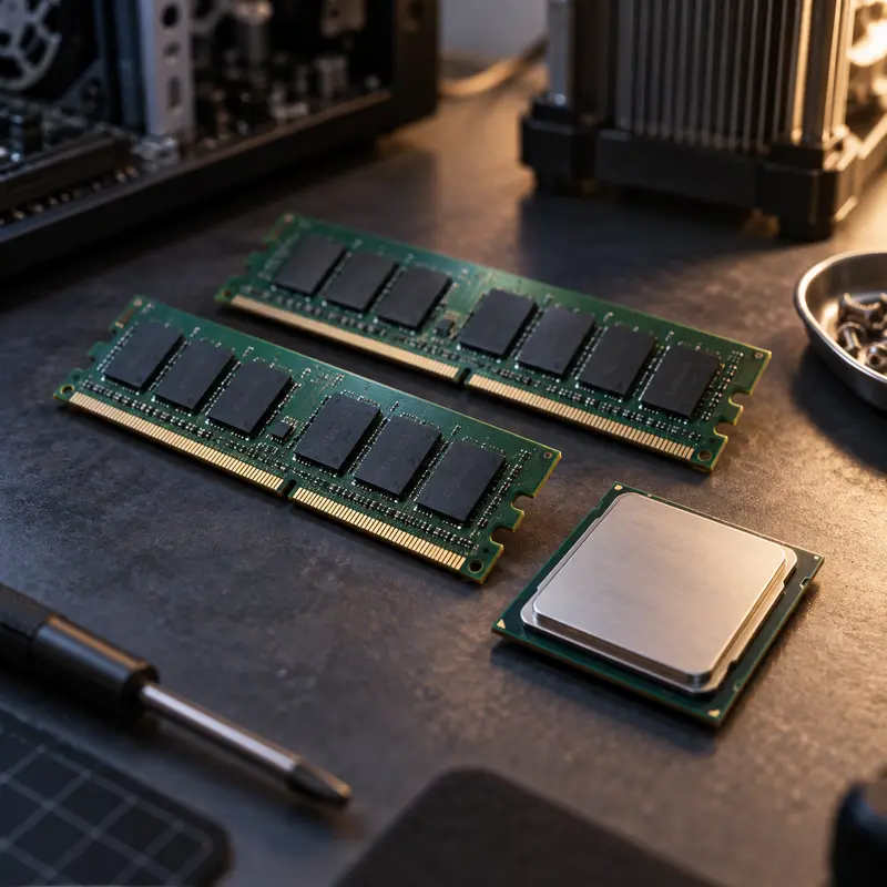 Precios de RAM y procesadores: ilustración editorial de memorias y una CPU