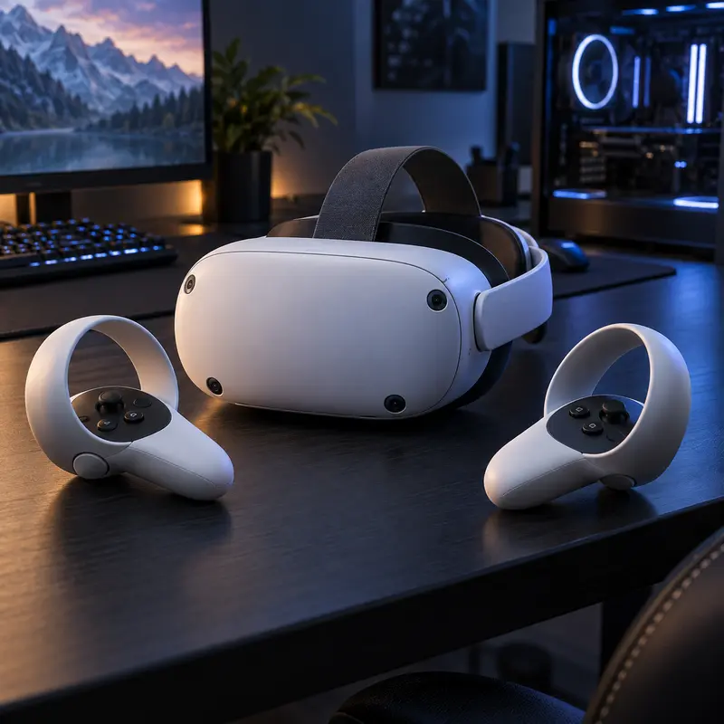 Steam Frame precio y reservas: ilustración editorial de un visor de realidad virtual